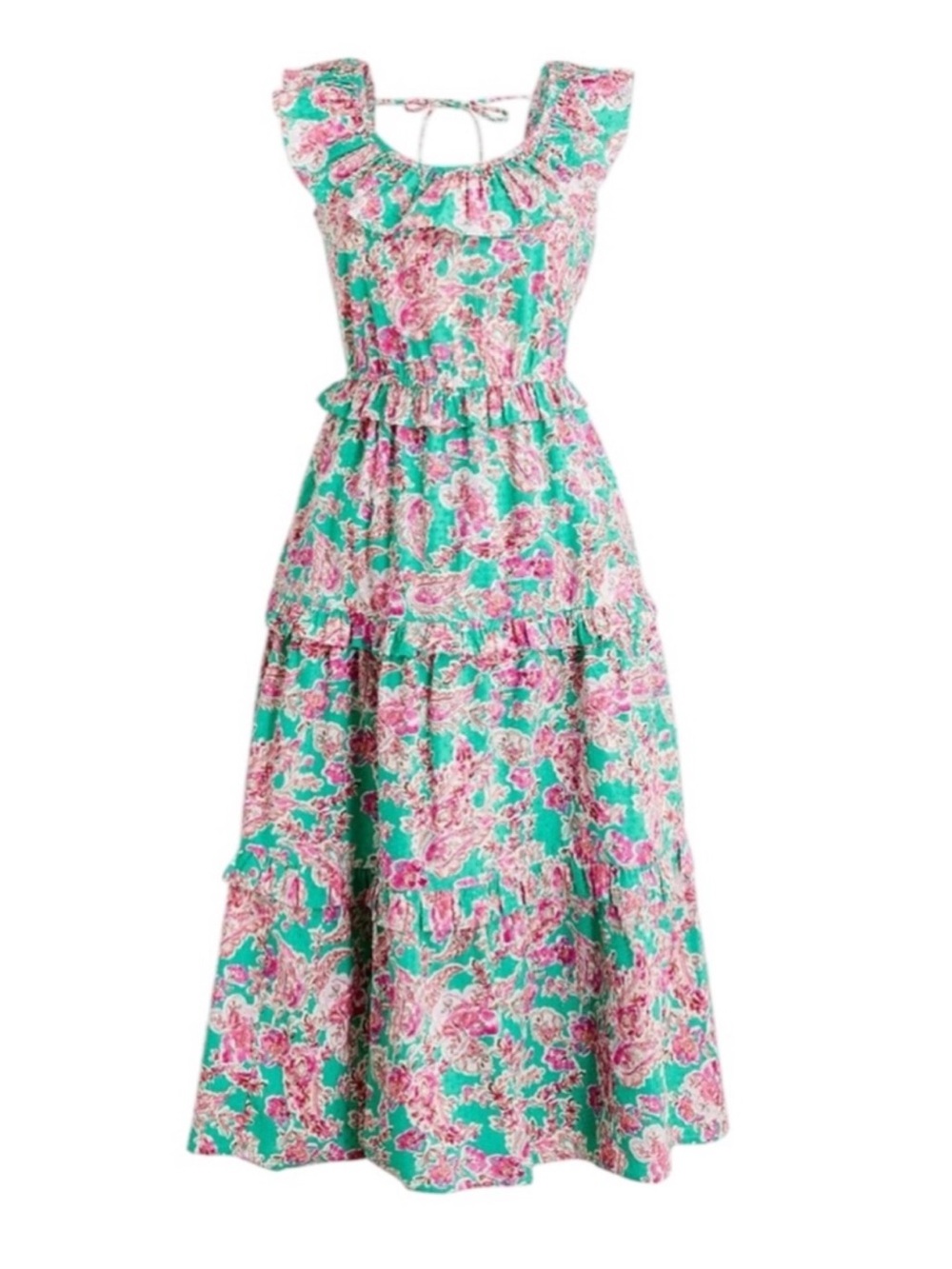 J. Crew Floral Ruffle Midi Dress Size 4 Green Pink Floral Vacation Boho Summer